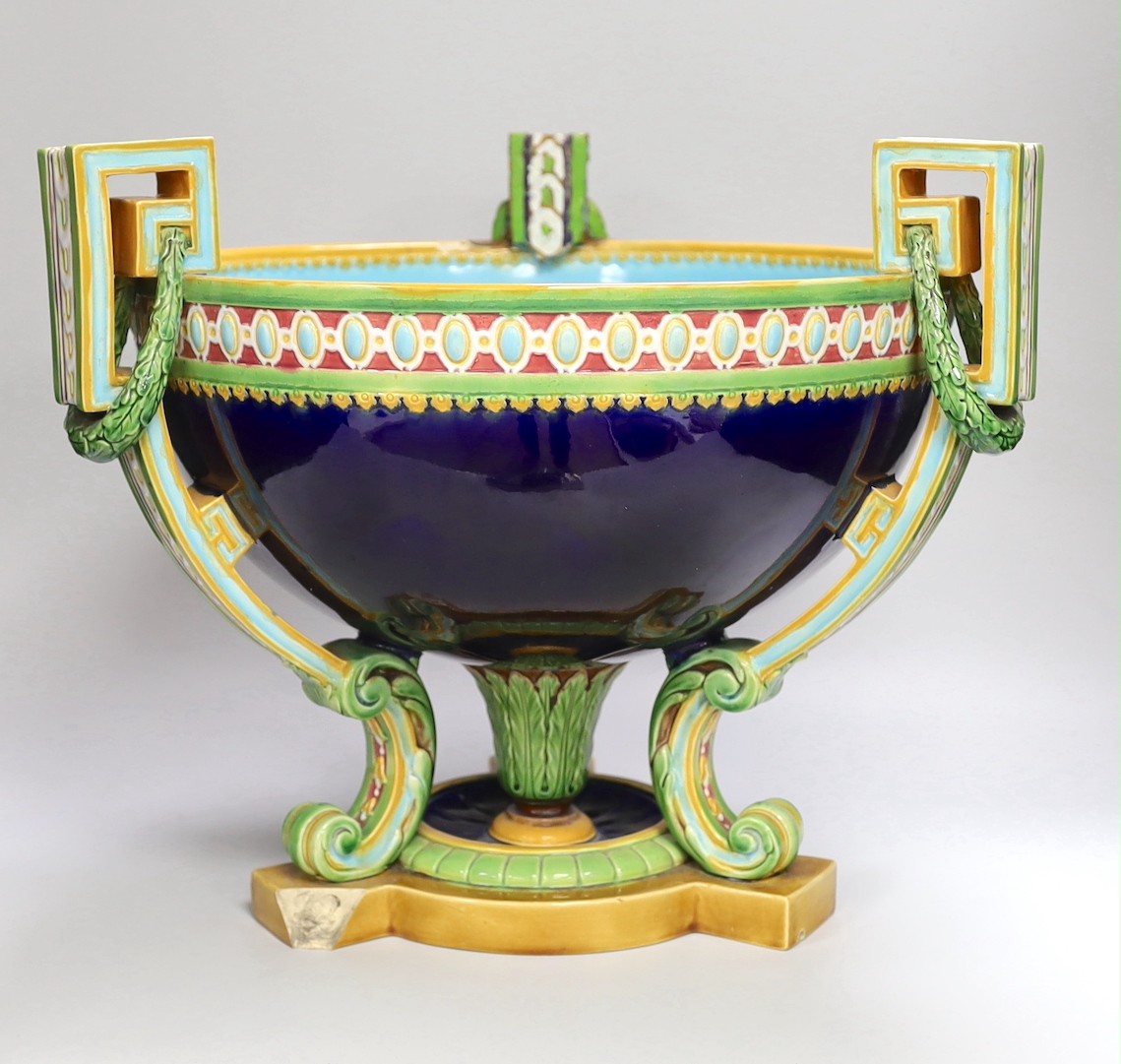 A large Minton neoclassical revival majolica pedestal bowl (a.f.) 34cm tall